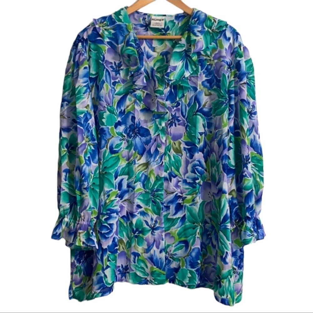 Koret Green & Blue Floral Loose Fit Ruffle Blouse Women Size 3X